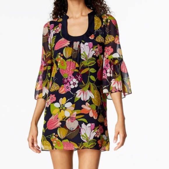 Trina Turk Silk Bonita Bell Sleeve Dress- Retro - Picture 4 of 13